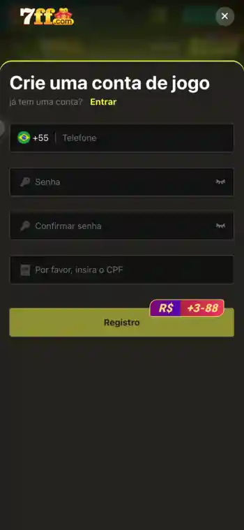 Formulário de registro no 7ff cassino com campos de cadastro para novos jogadores.