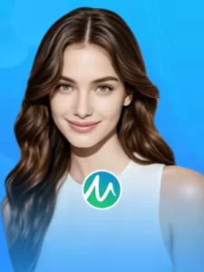 Apresentadora de jogos ao vivo da plataforma com fundo azul
